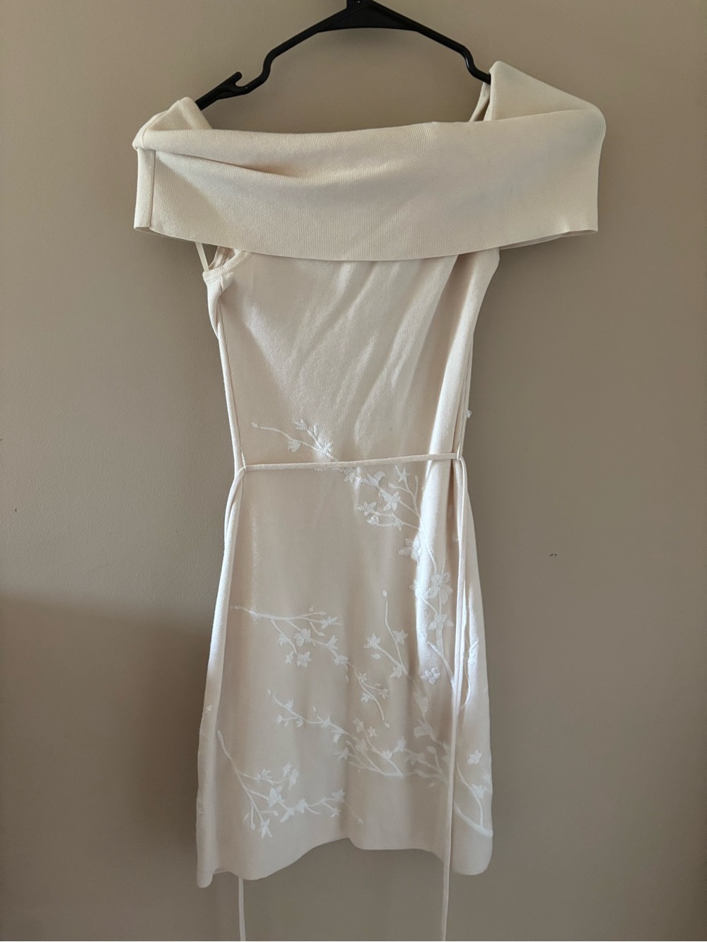 Meshki Off-Shoulder Embroidered White Floral Knit Mini Dress